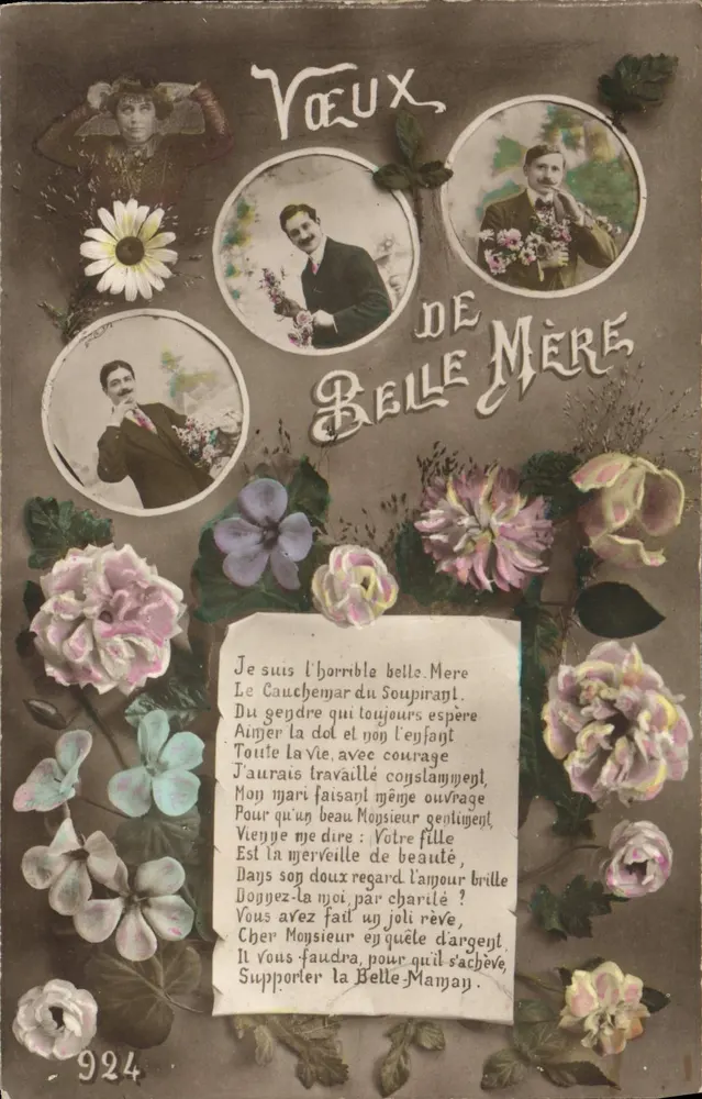 Gruß aus Belle Mère — poetischer Text und Porträts — unbekannter Verlag, Nr. 924 - Vorderseite
