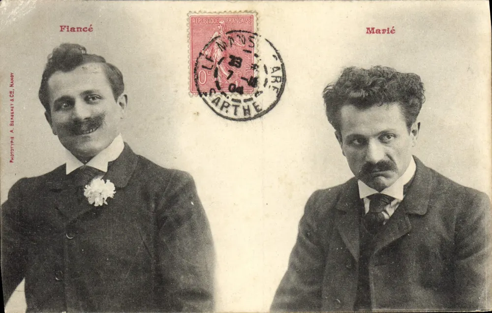 Zwei Männer — 'Verlobter' und 'Verheirateter' — Studiofoto, Nancy, 1904 - Vorderseite