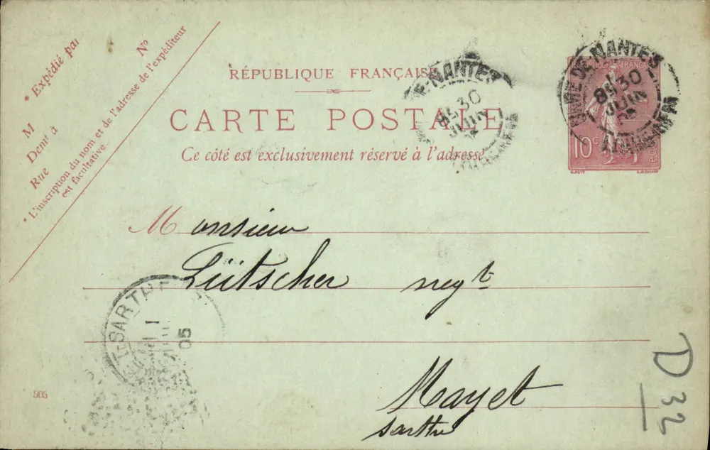 Nantes — carta postal datada de 30 de junho de 1909 — editor não visível - Frente