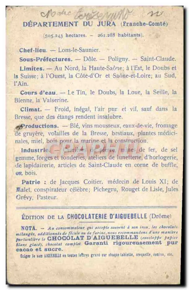 Die Départements : JURA — Geografische Karte mit Illustration der Wasserfall von Bellaude — Edition der CHOCOLATERIE D'AIGUEBELLE - Rückseite