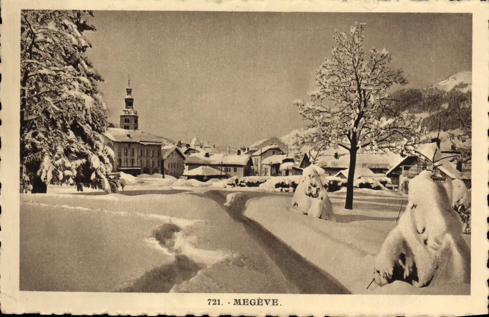 Megève — vista invernal com igreja — L. Morand, fot.-edit. Megève, n° 721 - Frente