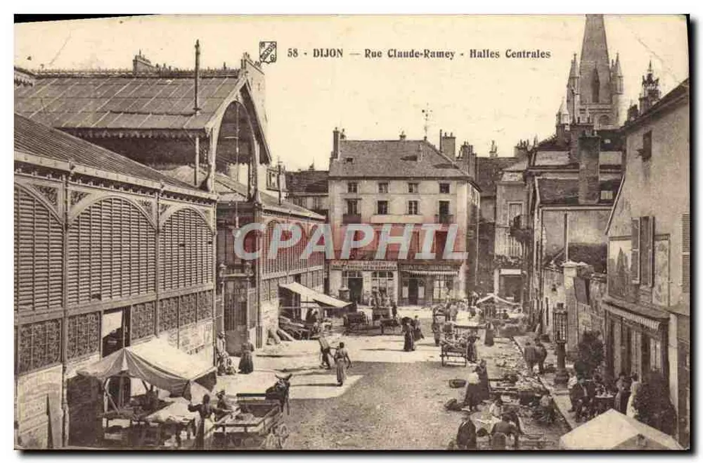 Dijon — Rue Claude-Ramey — Halles Centrales — Éditeur : C. L. B. (imprimé sur la carte) - Frente