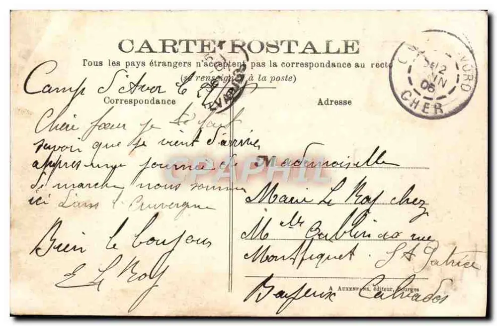 Camp d'Avor — Kapelle und Baracken — A. Auxenfants, Verleger, Bourges - Rückseite