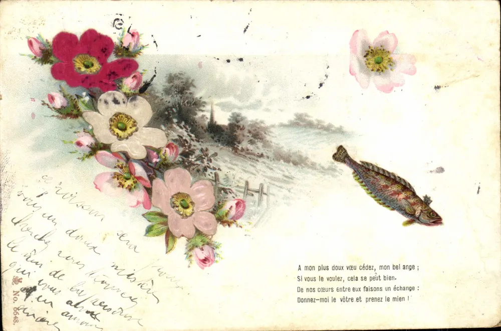 Flores e peixe — carta postal ilustrada — editor desconhecido, número de série não visível - Frente
