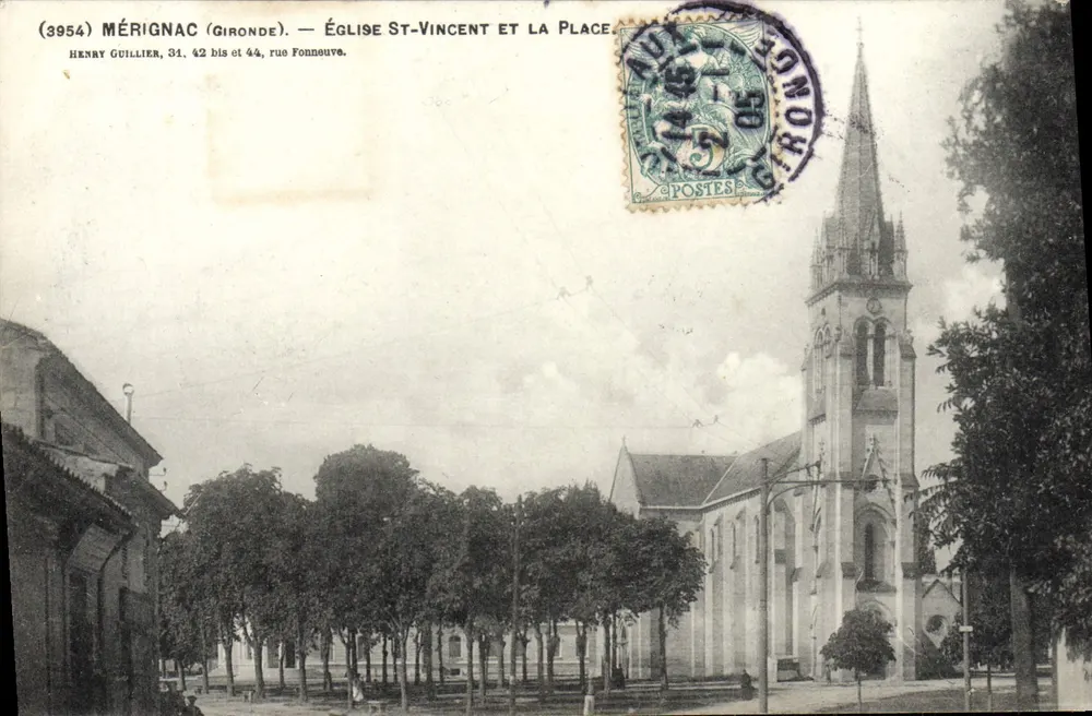 Mérignac (Gironde) — Igreja de São Vicente e a praça — Henry Guillier, 31, 42 bis e 44, rue Fornoue. - Frente