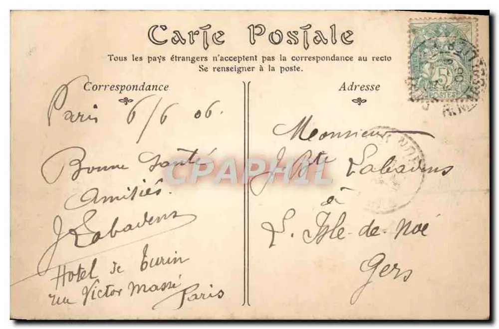 Paris — O Hotel das Correios — editor N.L. n° 334 - Verso