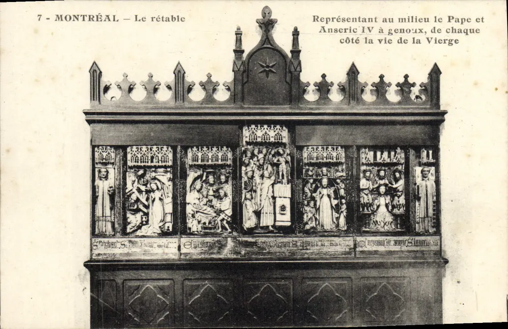Montreal — Das Altarretabel — zeigt in der Mitte den Papst und Anseric IV in Knieposition, auf beiden Seiten das Leben der Jungfrau - Vorderseite