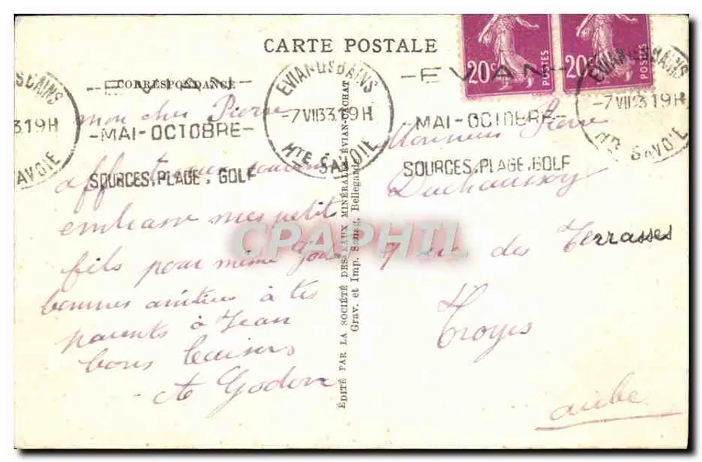 Evian-les-Bains — Allgemeiner Blick auf die Station — Verleger Grav. et Imp. Société des Eaux Minérales - Rückseite