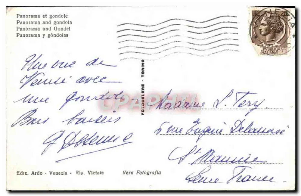 Veneza - Panorama e gôndola - Ediz. Ardo - Rip. Vietata - Verso