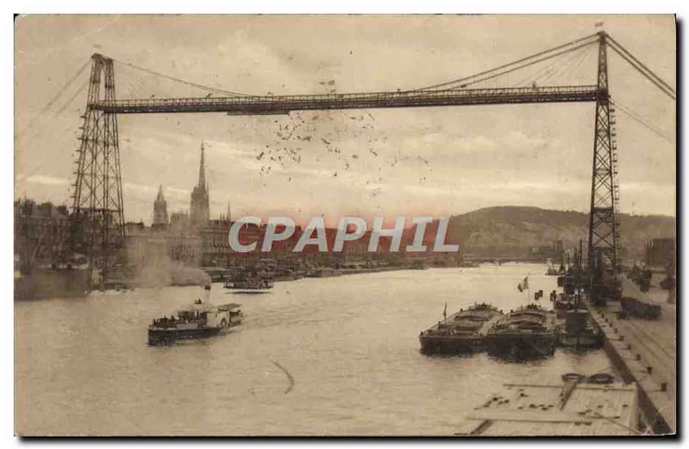 O Ponte Transbordeur em Rouen — vista do rio e dos barcos — editor desconhecido, número de série não visível - Frente