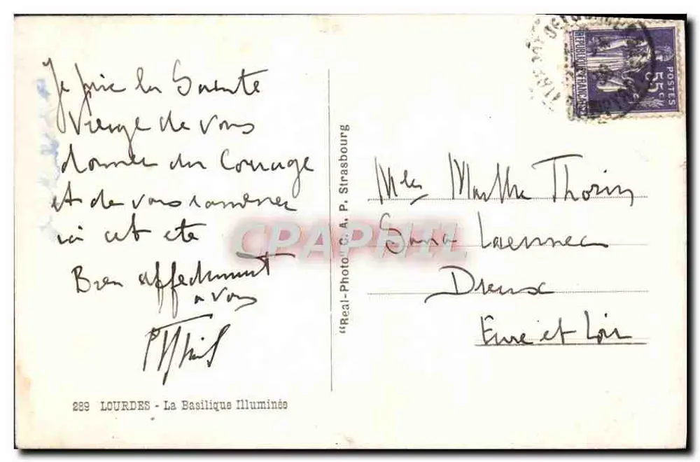 Lourdes — A Basílica Iluminada — Real-Photo C. P. Strasbourg n°289 - Verso