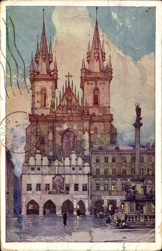 Praga — Kościół Týn — Praskie akwalety Jaroslava Šetlíka, seria VII - Awers