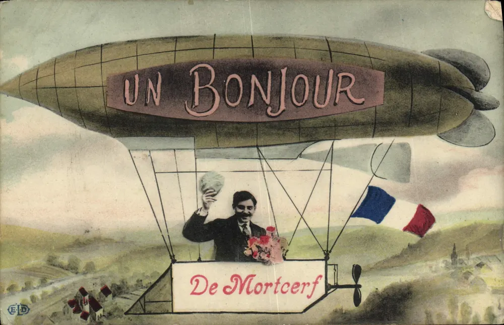 Dirigível com mensagem 'UN BONJOUR' — De Mortcerf — ELD - Frente