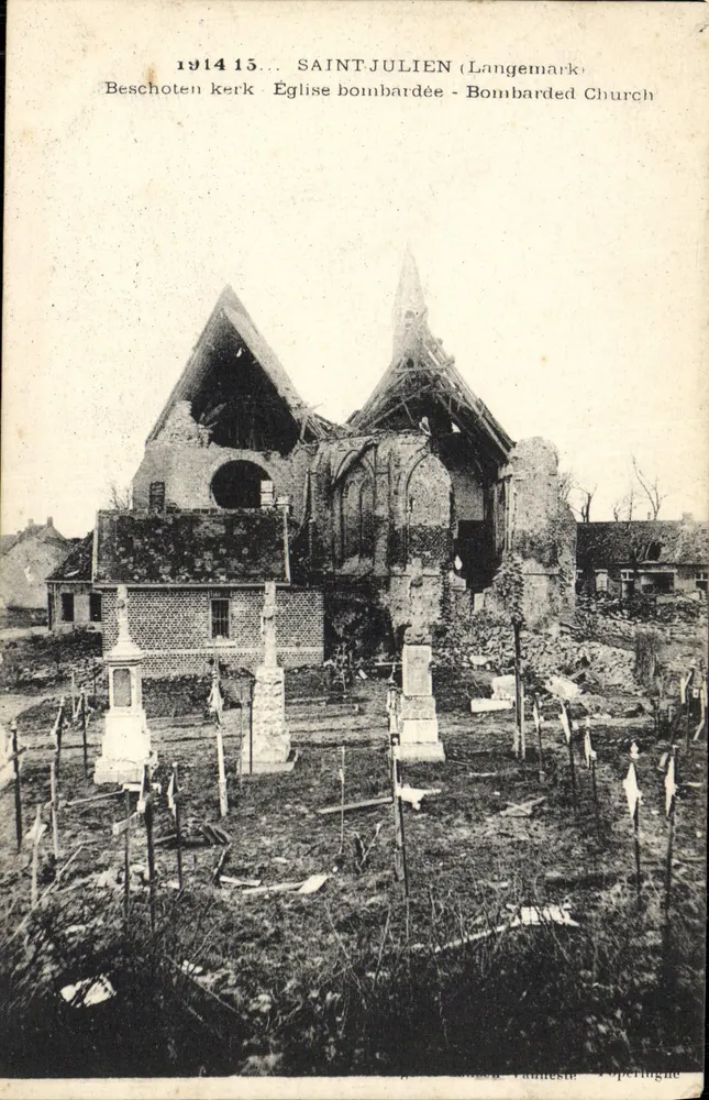 Geschossene Kirche in Saint-Julien (Langemark) — 1914-15 — Unbekannter Verlag, Seriennummer nicht sichtbar - Vorderseite