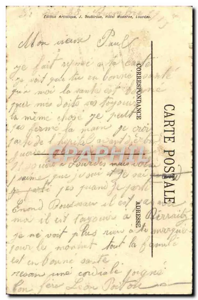 Lourdes — Vista geral e o Pic du Jer — Edição Artística, J. Soubirous, Hotel Moderne - Verso
