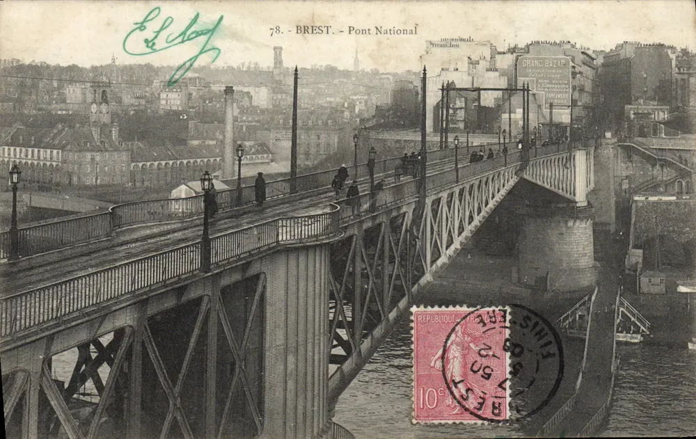 BREST - Ponte Nacional — vista do ponte metálica sobre o rio, com o Grande Bazar no fundo — editor não identificado, n° 78 - Frente