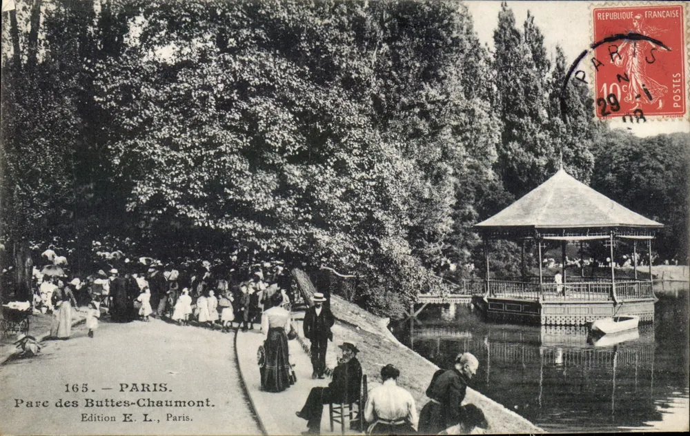 Parque das Buttes-Chaumont — Vista do lago e do kiosque — Edição E. L., Paris - Frente