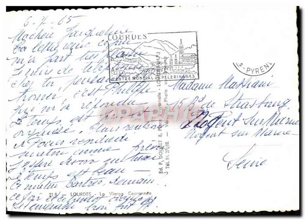 Estátua da Virgem Maria — monumento religioso — Ed. P. Douket, Lourdes - Verso