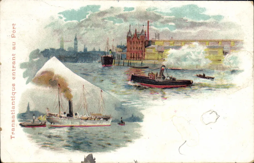 Transatlântico entrando no porto — vista do porto com vapor e edifício industrial — editor não visível - Frente