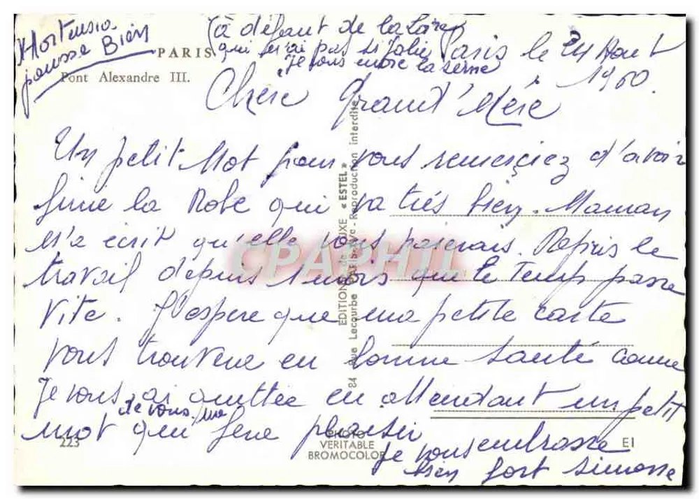 Ponte Alexandre III — Paris — Editor Estel, n°223 - Verso