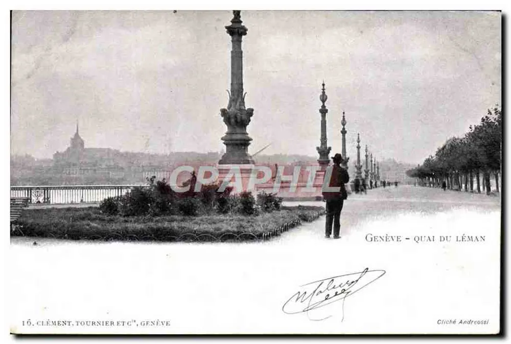 Genewa — Quai du Léman — widok z ozdobną kolumną i promenadą — Cliché Andreossi - Awers