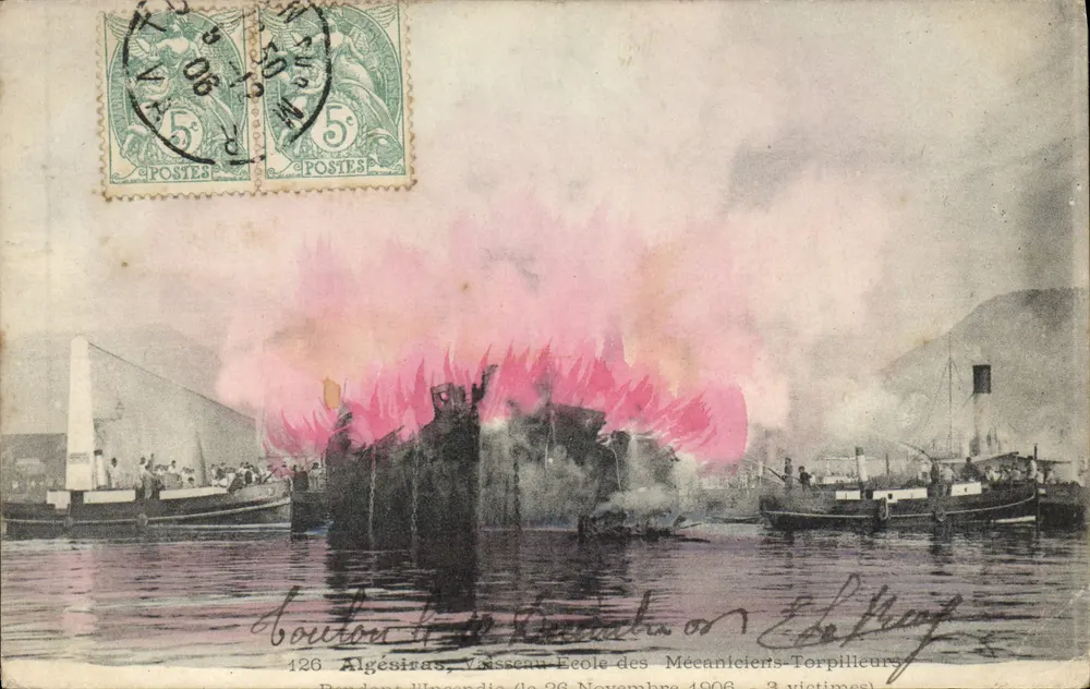 Algésiras — Schiffsbrand der Schule der Mechaniker-Torpedisten — 3 Opfer — 26. November 1906 — Verlag La Poupée, Nr. 126 - Vorderseite