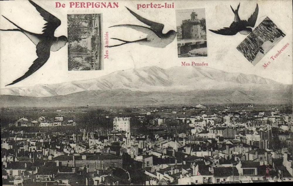 Vue aérea de Perpignan — com ilustrações de recordações — editor desconhecido - Frente