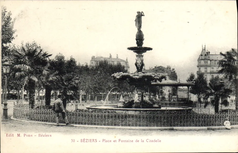 Béziers - Platz und Fontäne der Citadel — Edit M. Pons - Béziers, n°30 - Vorderseite