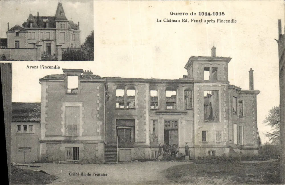 Schloss Ed. Fenal — vor und nach dem Brand des Krieges 1914-1915 — Foto von Emile Fournier - Vorderseite