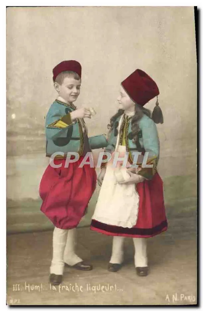 Crianças em traje otomano — Hum!... a refrescante liqueur! — A. N. Paris, n° 21 - Frente