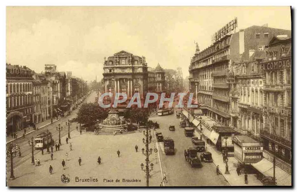 Brussel - Place de Brouckère — panoramische weergave met fontein en tram — uitgever Em. Thill, Brussel - Voorkant
