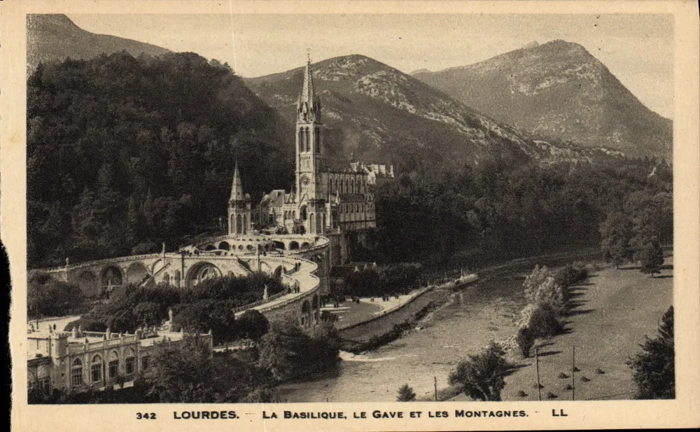 Lourdes — Die Basilika, der Gave und die Berge — LL, Nr. 342 - Vorderseite
