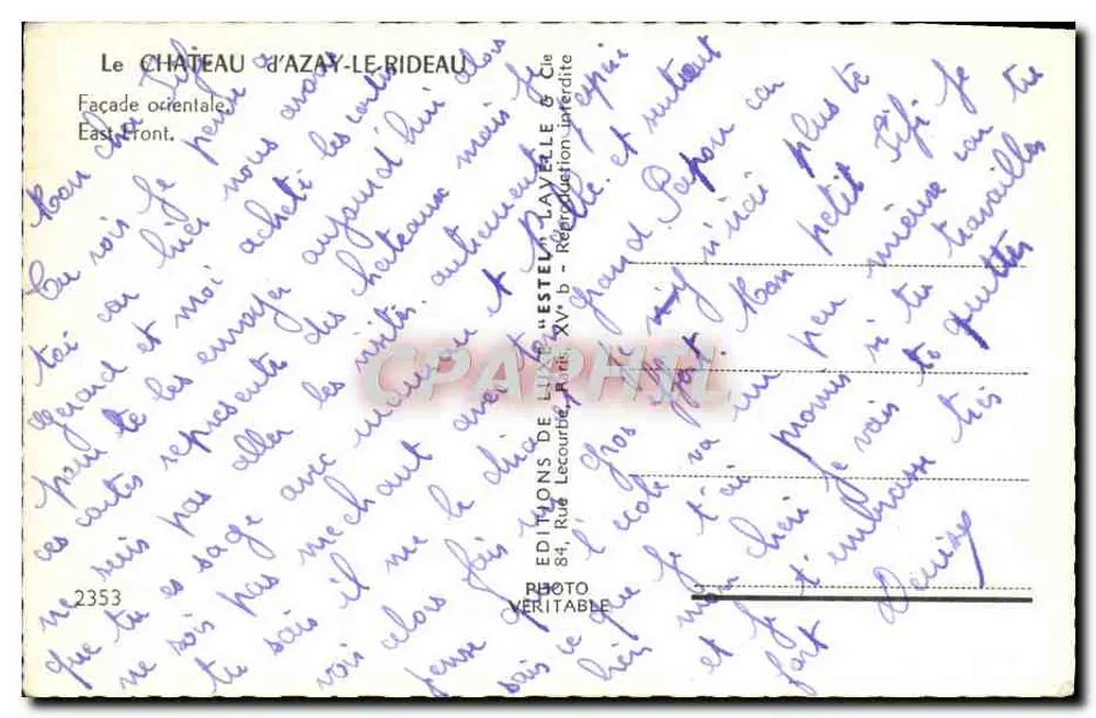 Castelo de Azay-le-Rideau — Fachada oriental — Editor Estel, n° 2353 - Verso
