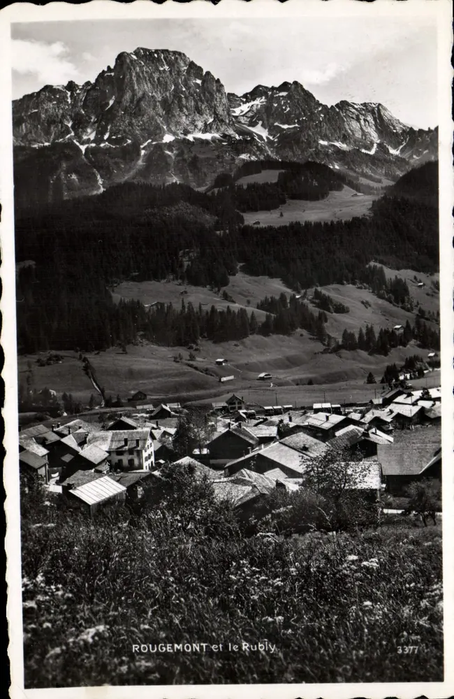 Rougemont e o Rubly — vista panorâmica — Edição Fotográfica Barrochet, Lausanne n°3377 - Frente