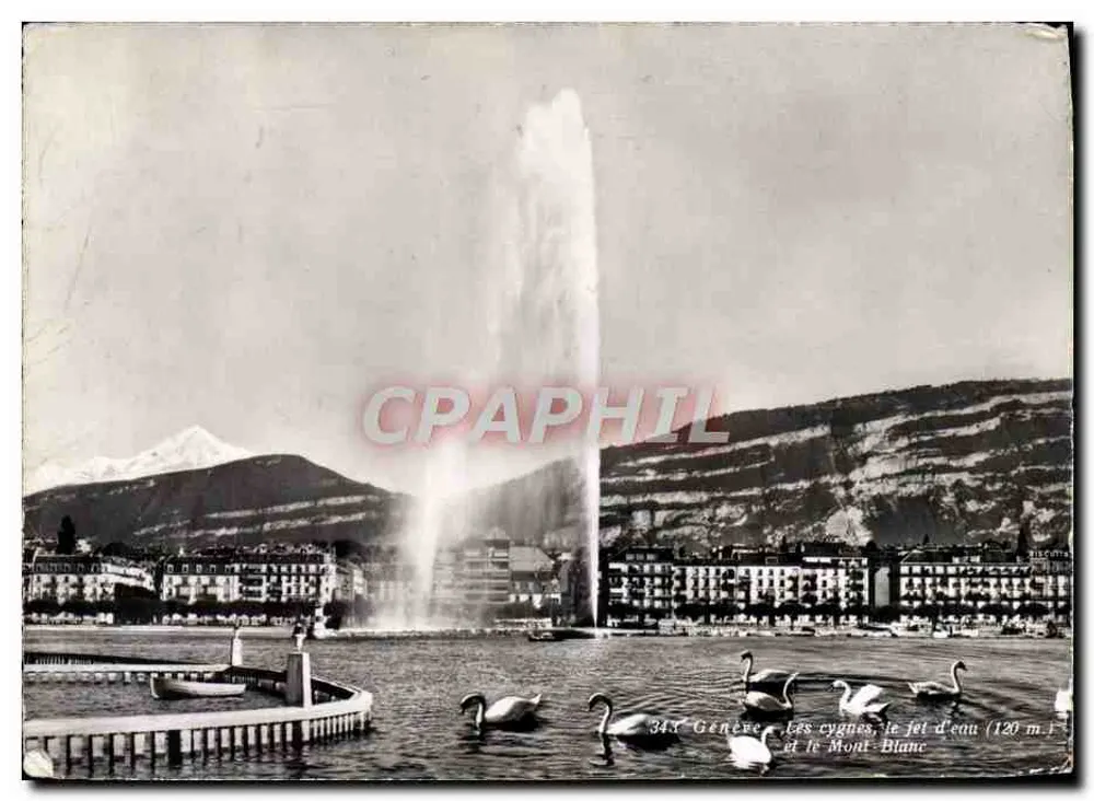 Genf — Schwäne, der Wasserstrahl (120 m) und der Mont-Blanc — Verlag Pipt. Edit. de Géntori, Genf, Nr. 343 - Vorderseite
