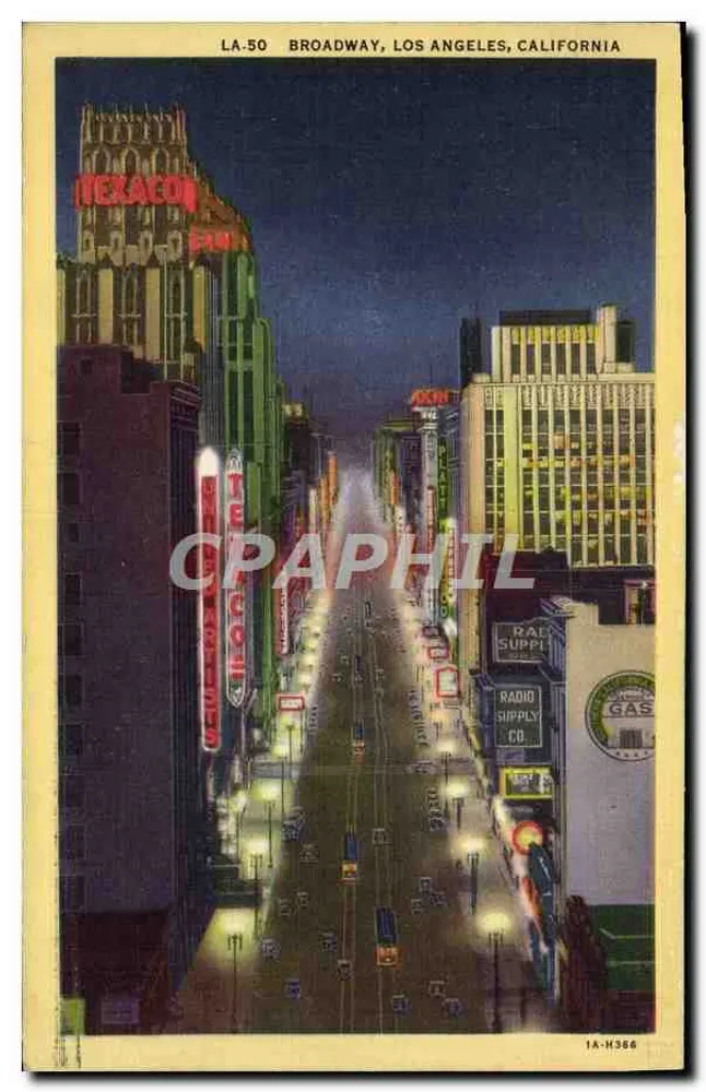 Broadway, Los Angeles, Califórnia — vista noturna — Western Publishing & Novelty Co., n° LA-50 - Frente