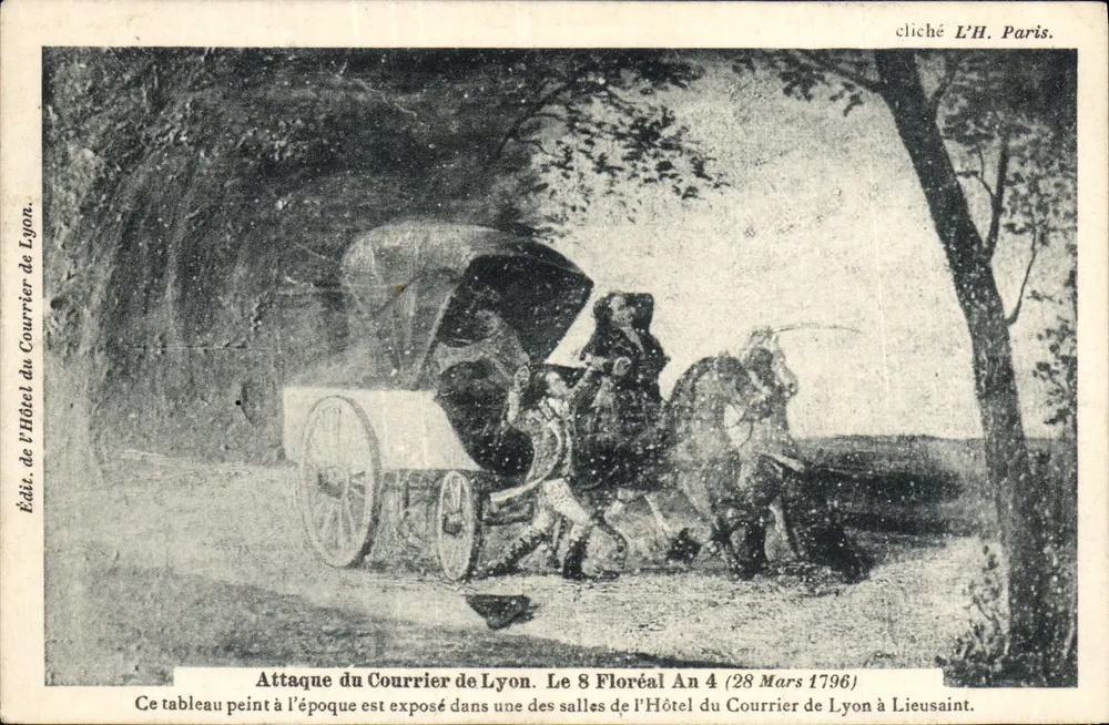 Angriff auf das Postamt Lyon — 8. Floréal Jahr 4 (28. März 1796) — Verlag des Hotels des Postamts Lyon, Bild von L'H. Paris - Vorderseite