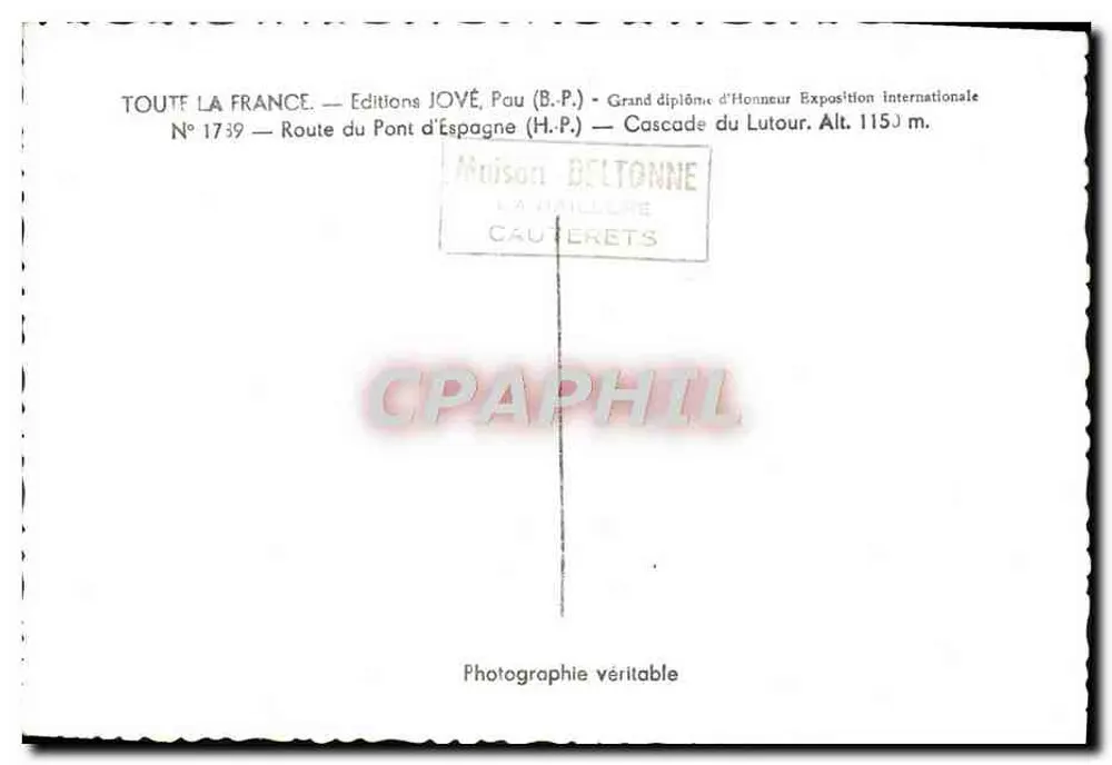 Cachoeira do Lutour — Alt. 115 m. — Editions JOYÉ, Pau (B.P.) — N° 1739 - Verso