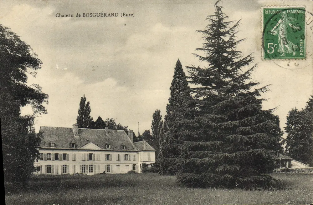 Castelo de Bosguérard (Eure) — vista do castelo e de seus grandes coníferas — Coleção N. Scherney - Frente