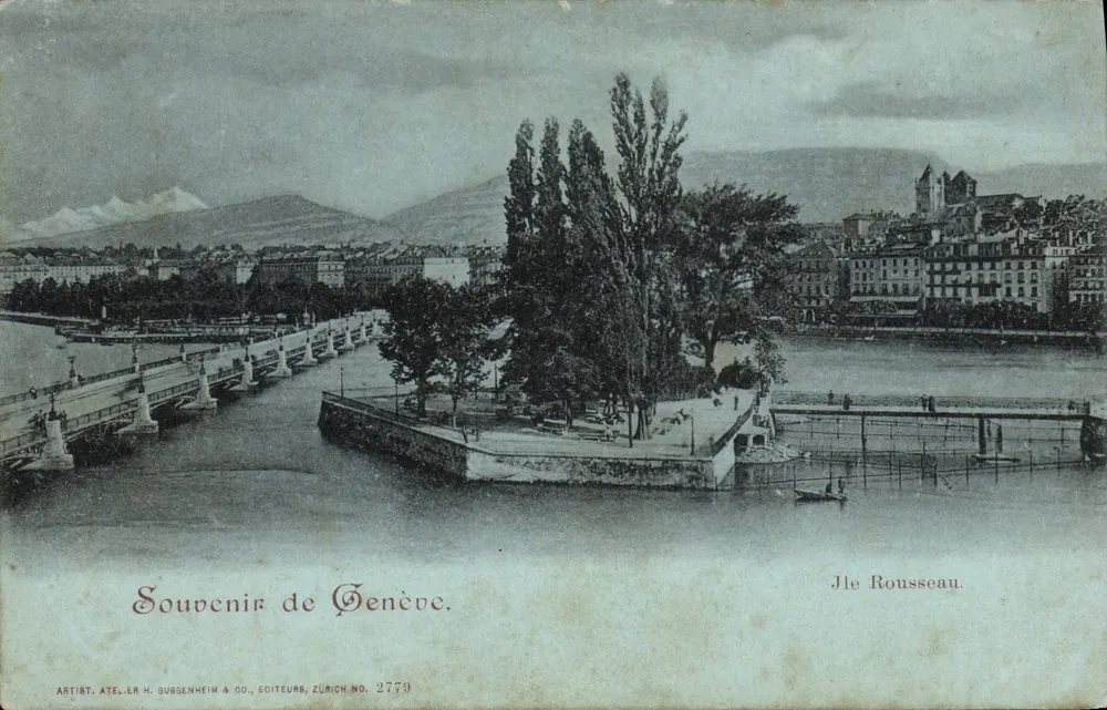 Vista de Genebra — Ponte e cais — Artista. ATELIER H. DUBGENHEIM & CO., EDITORES, ZURICH NO. 2779 - Frente