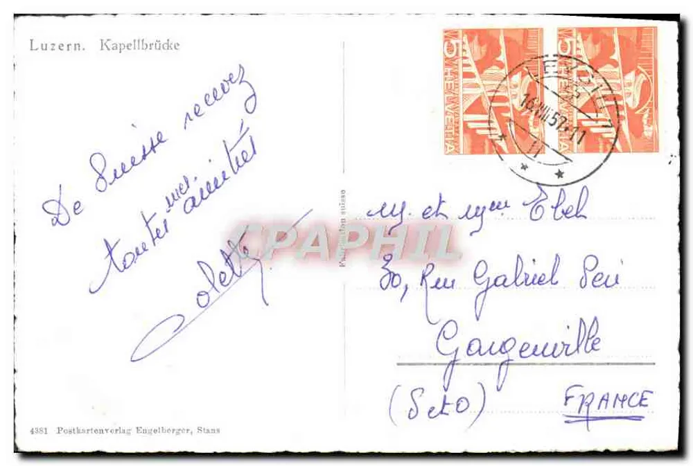 लुझर्न। कैपेलब्रूके — पुल के दृश्य और टॉवर — पोस्टकार्ड प्रकाशक एंजेलबर्गर, स्टैन्स नंबर 4381 - पीछे