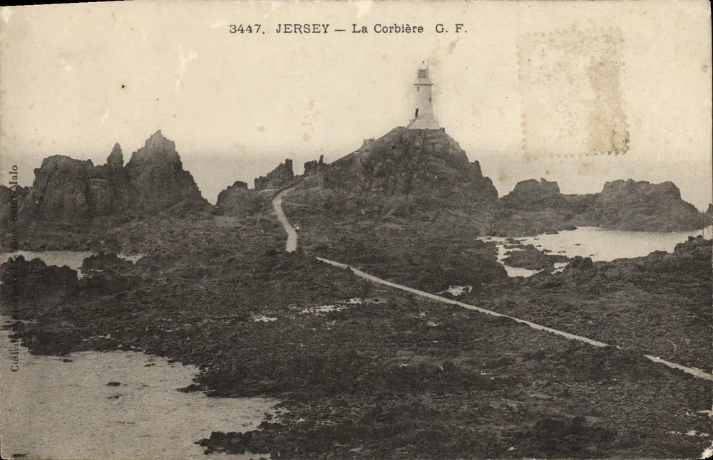 Jersey — La Corbière — farol sobre rochedos - Frente