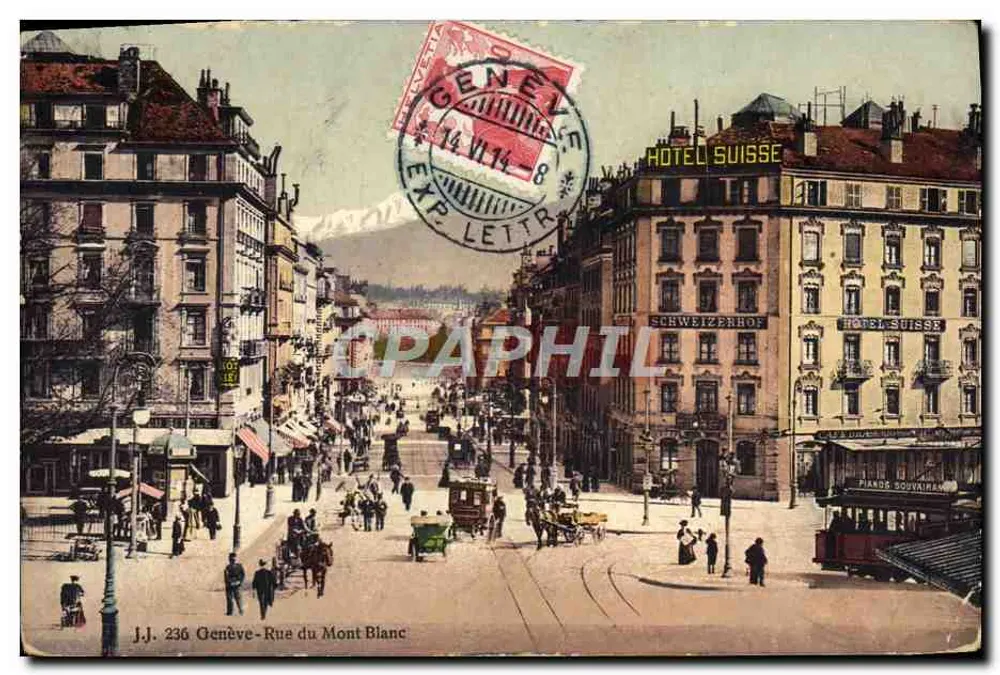 Genève - Rue du Mont Blanc — vue de la rue avec l'Hôtel Suisse et le mont Blanc en arrière-plan, éditeur J.J. n°236 - Frente