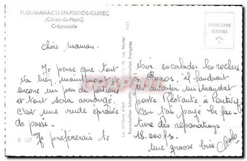 PLOUMANAC'H-EN-PERROS-GUIREC — Crepúsculo — Les Éditions d'Art Martel, B. 507 - Verso
