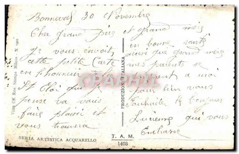 Buquê de myosotis — editor Vittorio Uff. Stampa Milano, série artística aquarela n°1403 - Verso