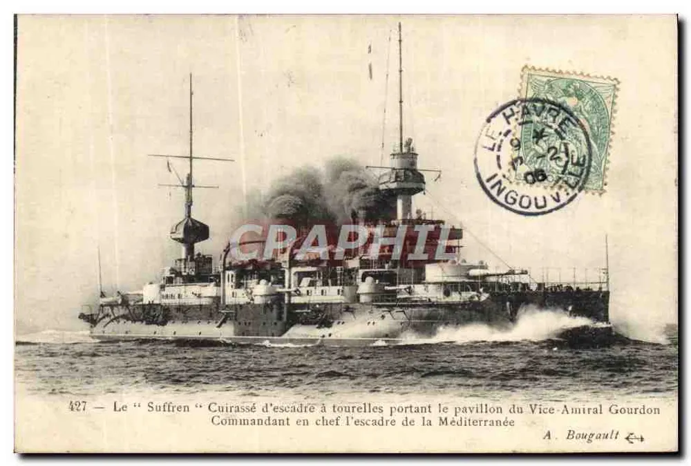 O "Suffren" — Navio de encouraçado com torres — A. Bougault n°427 - Frente