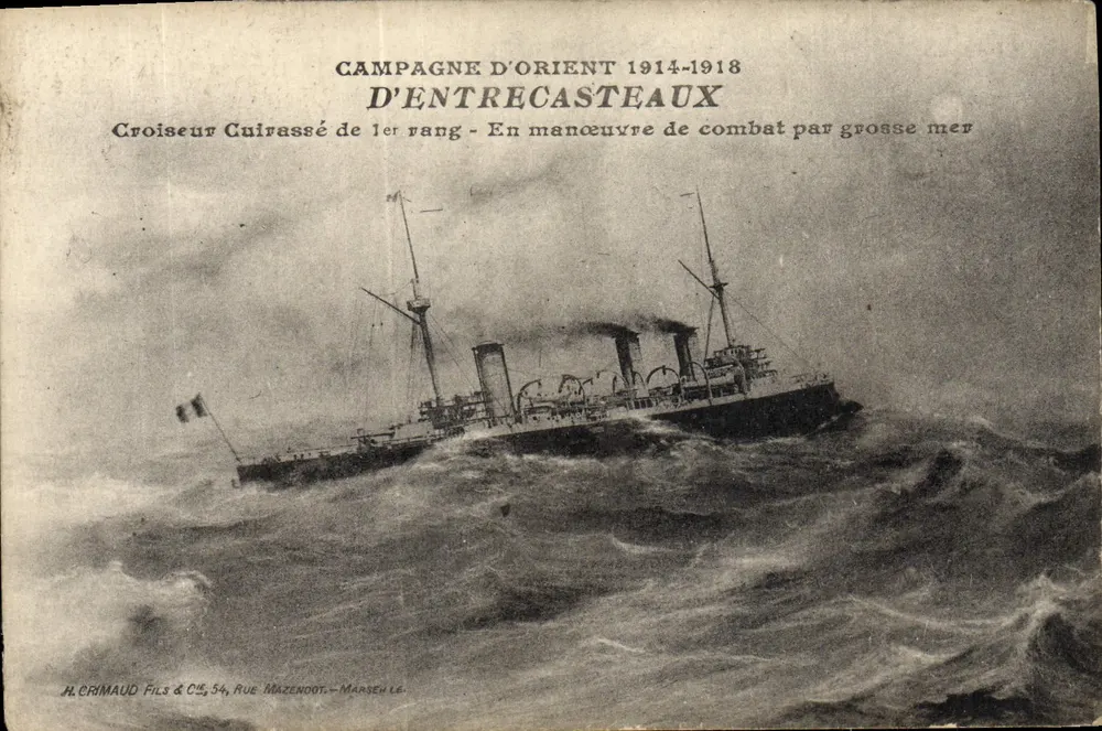 Crucero acorazado D'Entrecasteaux — Campaña de Oriente 1914-1918 — H. Crimaud Fils & Cie, Rue Mazendoot, Marsella - Anverso
