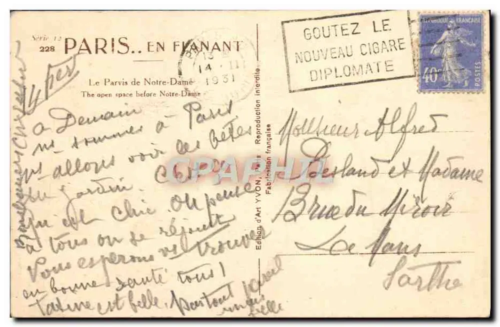 Nossa Senhora de Paris — vista noturna sob a neve — Edição de Arte YVON, série 13 n°228 - Verso