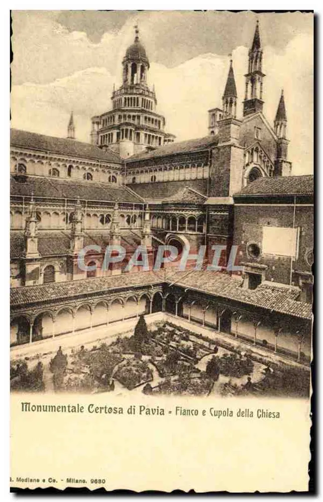 Certosa de Pavia — Lado e cúpula da Igreja — L. Modiano e Co. - Milão, 9680 - Frente