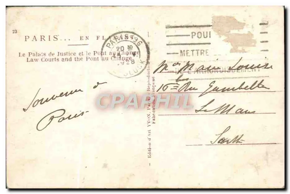 Paris — Palais de Justice und Pont au Change — Kunstausgabe Yvon, Nr. 23 - Rückseite